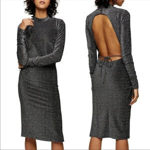 Topshop Women’s Metallic Charcoal Gray High Neck Long Sleeve Midi Dress 6